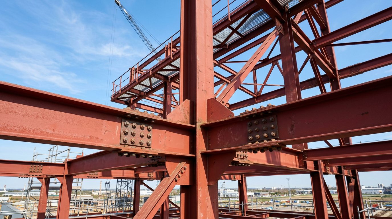 Steel I-beams on a building under construction